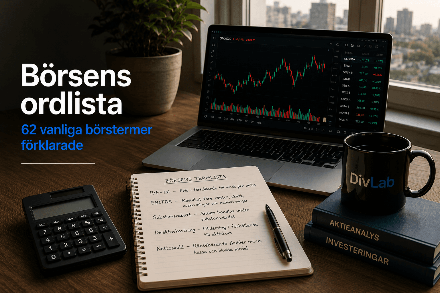 Börsens ordlista med laptop, anteckningsblock, miniräknare och vanliga börstermer på ett ljust skrivbord.