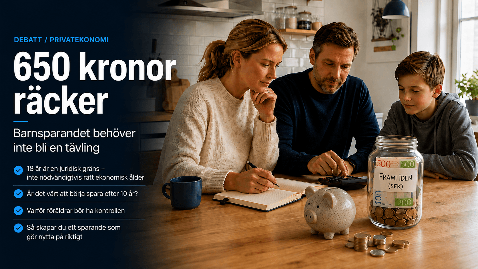 Familj vid köksbord som planerar barnsparande med sparbössa, svenska kronor och rubriken 650 kronor räcker.