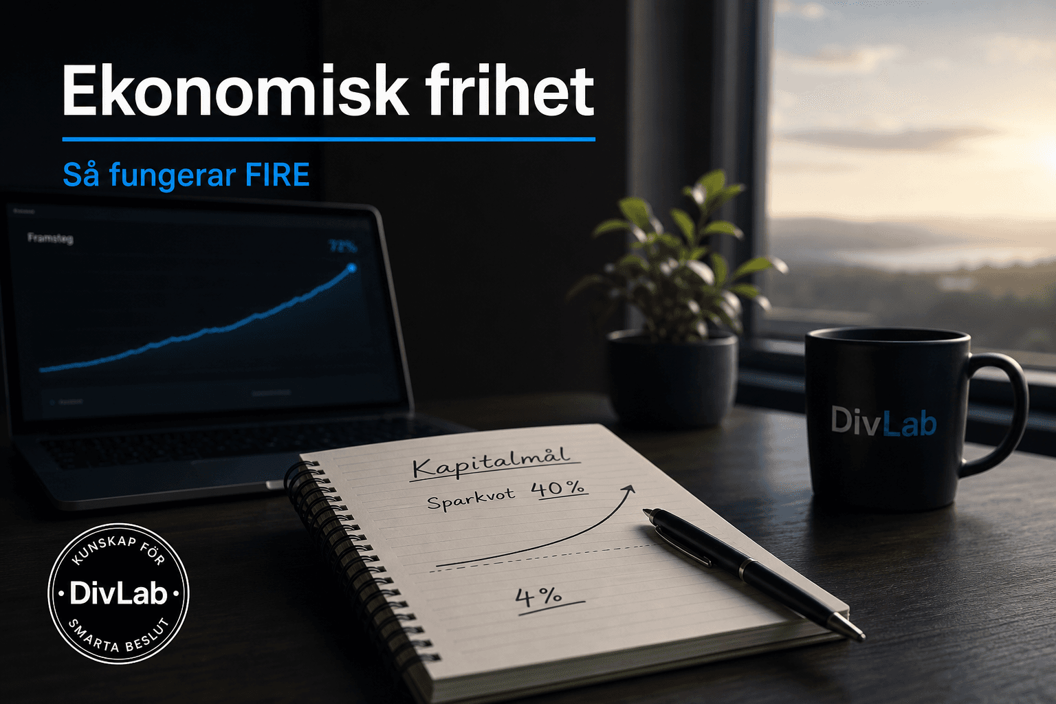 Ett stilrent skrivbord med en ekonomisk plan och en stigande utvecklingskurva som symboliserar vägen mot ekonomisk frihet.