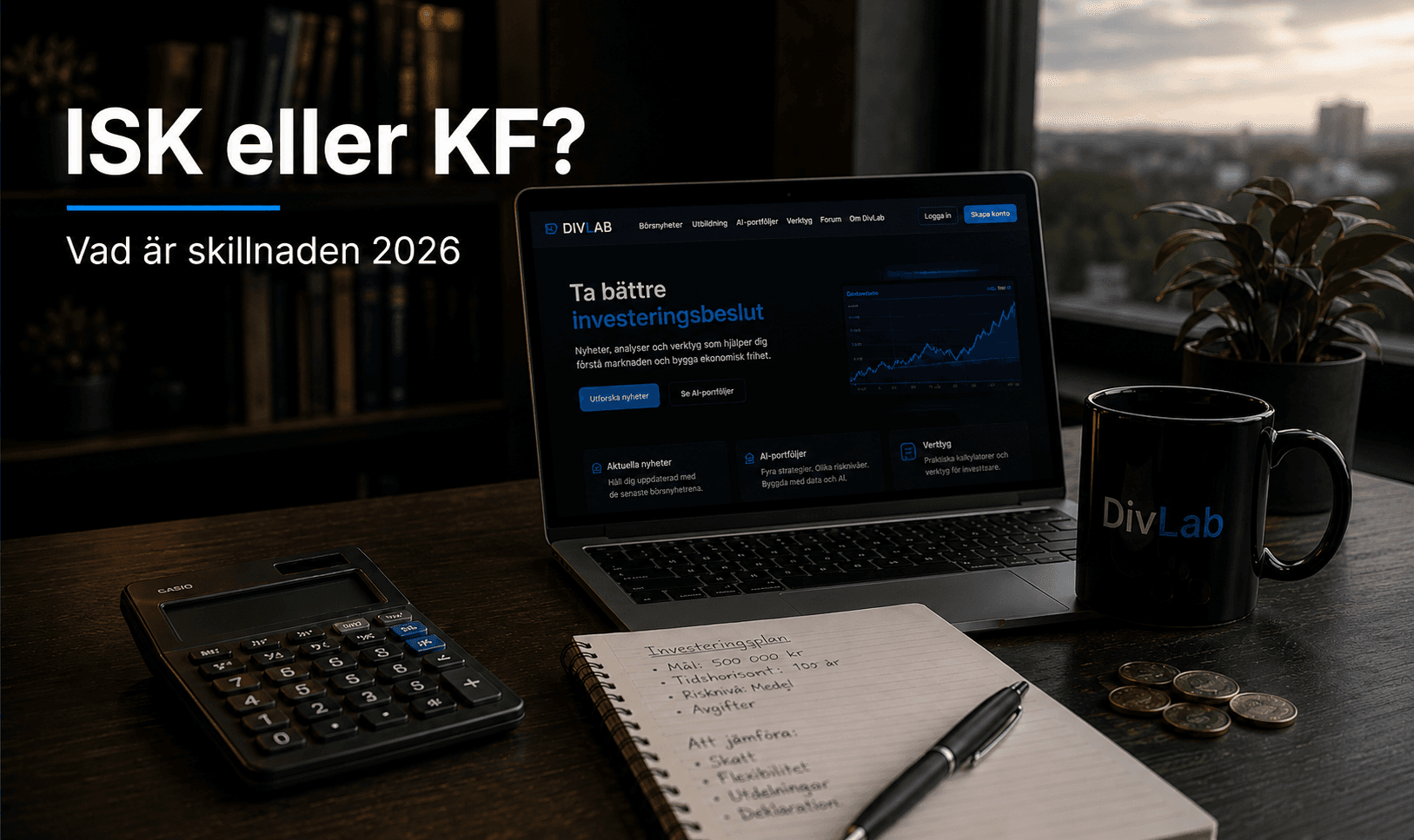 Mörkt skrivbord med laptop, DivLab-mugg, kalkylator och anteckningar framför rubriken ISK eller KF.