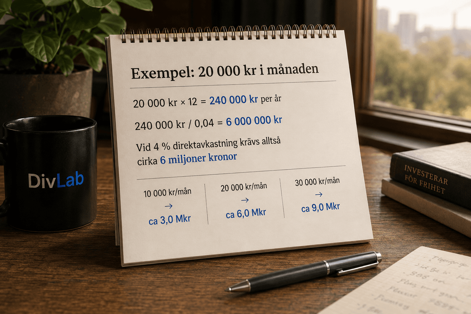 Så räknas kapitalbehovet för 10 000, 20 000 och 30 000 kronor i månaden vid 4 procents direktavkastning.