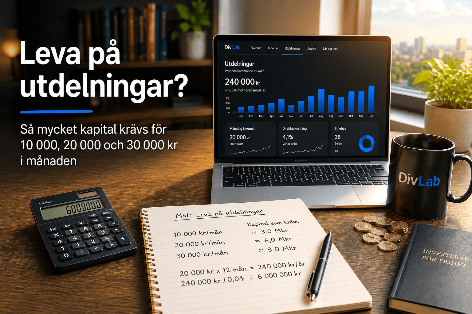 Leva på utdelningar – skrivbord med laptop, kalkylator och kapitalmål för 10 000, 20 000 och 30 000 kronor i månaden.