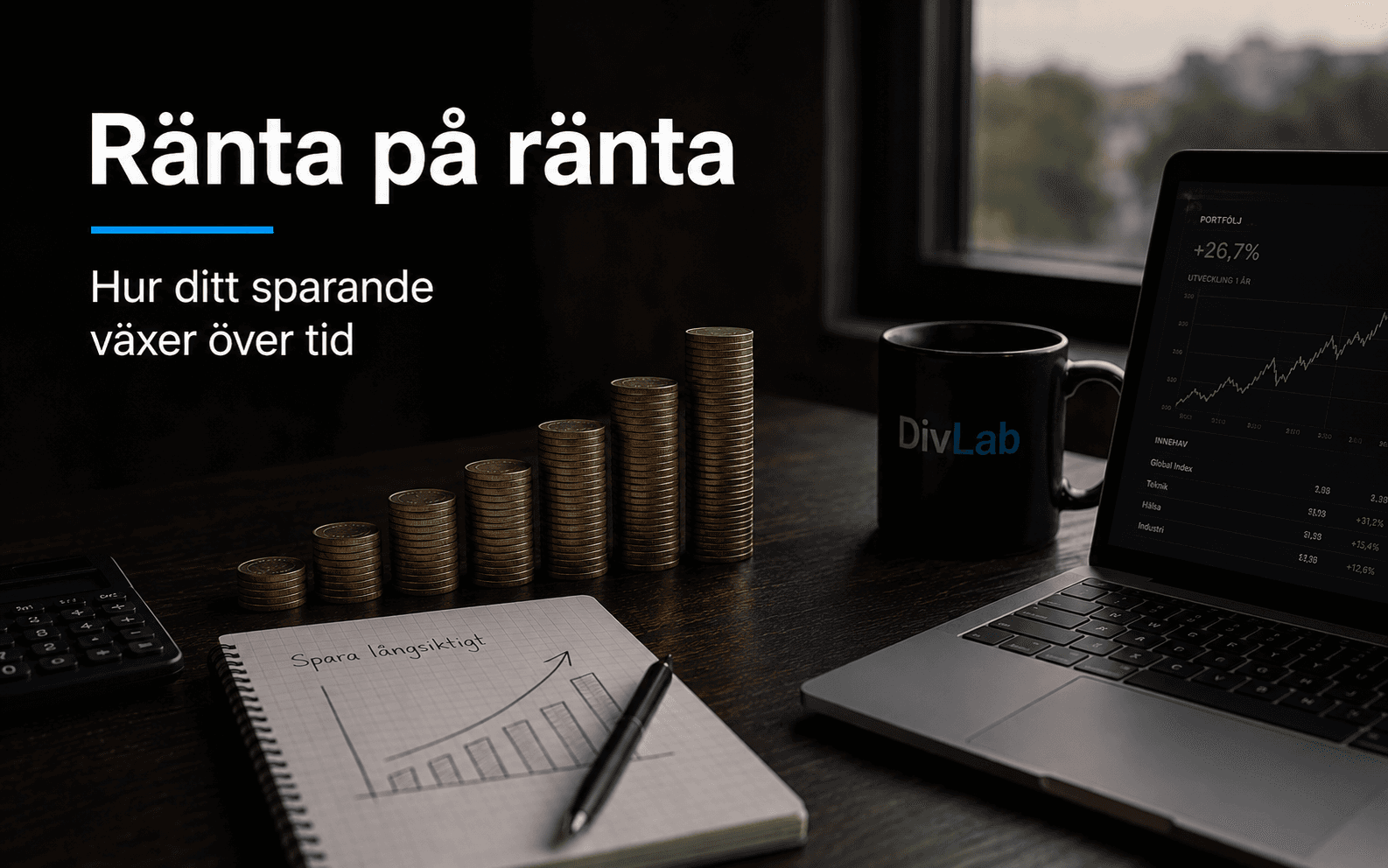 Skrivbord med stigande staplar av mynt, DivLab-mugg och laptop som illustrerar ränta på ränta över tid.