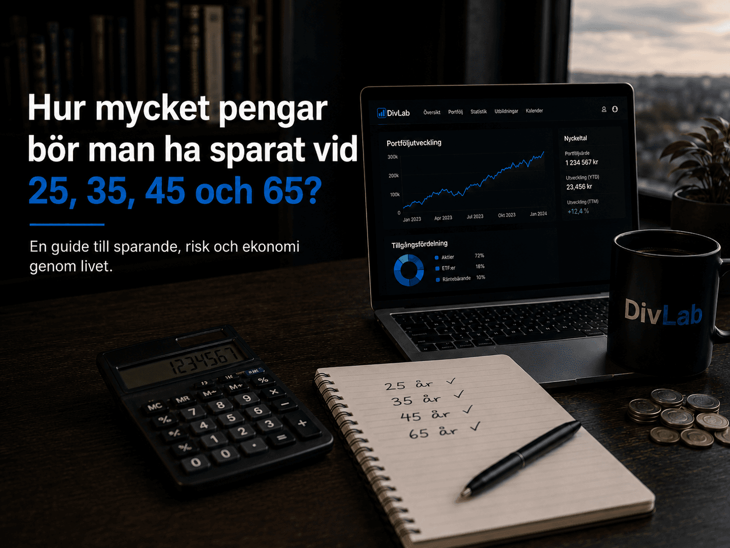 Mörkt skrivbord med laptop, miniräknare och anteckningar om sparande vid 25, 35, 45 och 65 år.