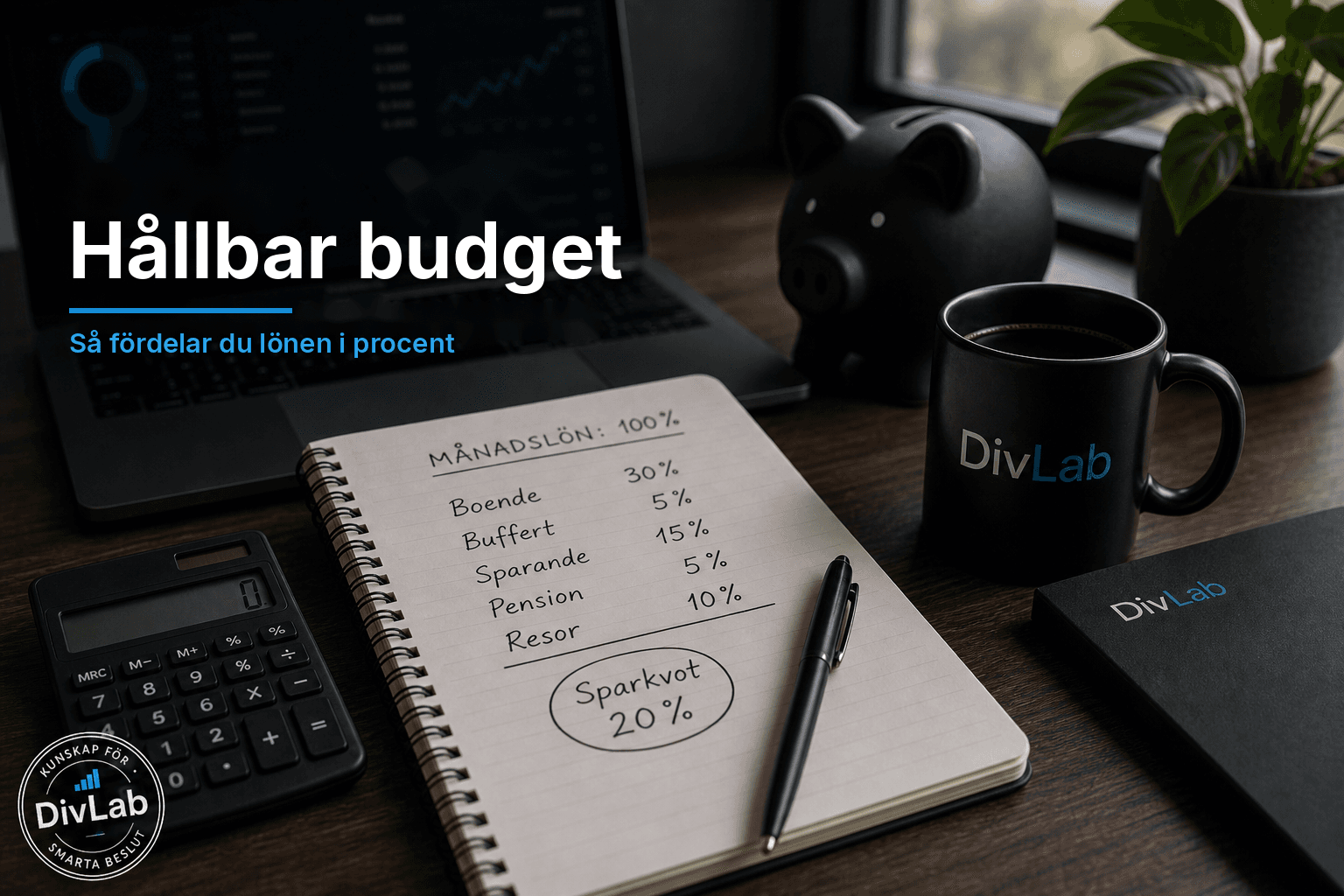 Skrivbord med budgetanteckningar, kalkylator och DivLab-mugg som illustrerar sparkvot och procentbudgetering av lönen.