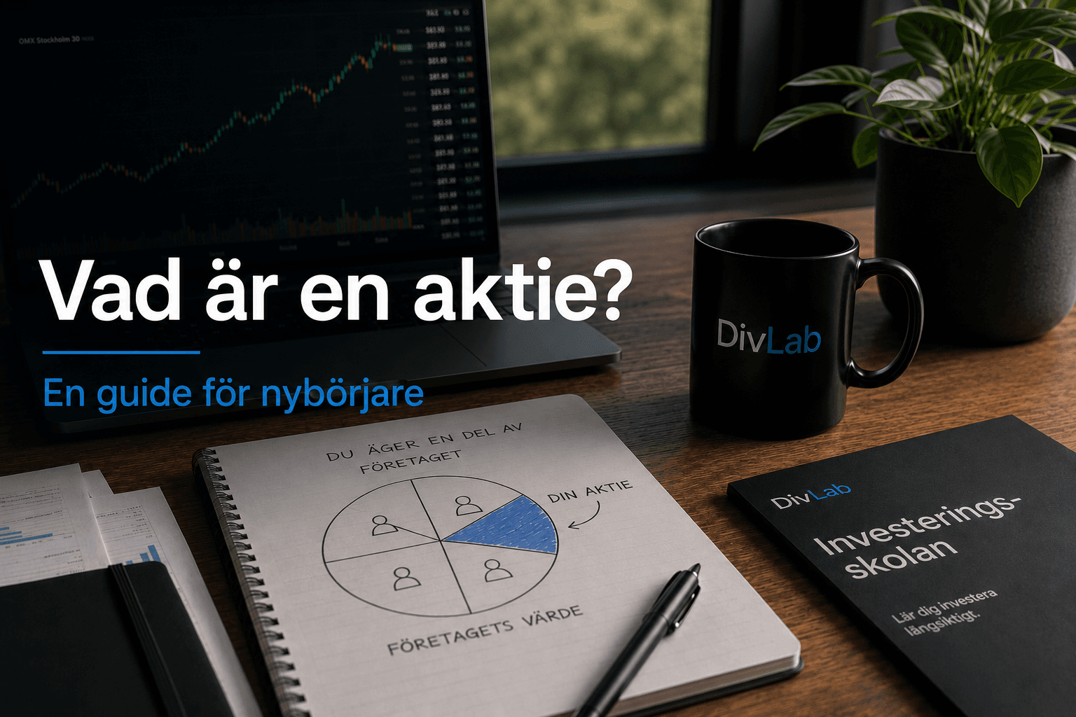 Anteckningsbok som förklarar att en aktie är en ägarandel i ett företag, bredvid börsskärm och DivLab-mugg.