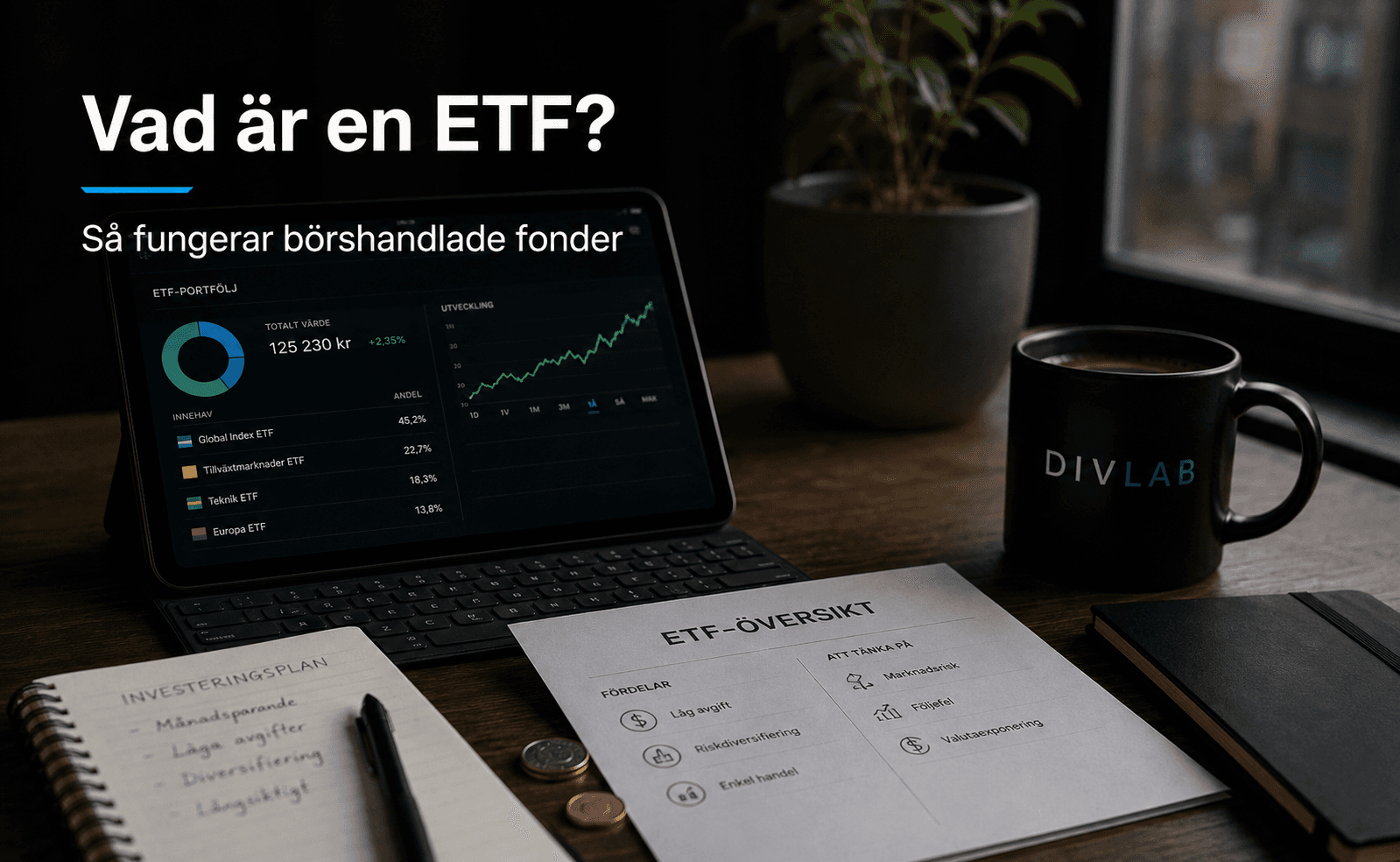 Skrivbord med ETF-portfölj på skärm, analysmaterial och DivLab-mugg som illustrerar börshandlade fonder.